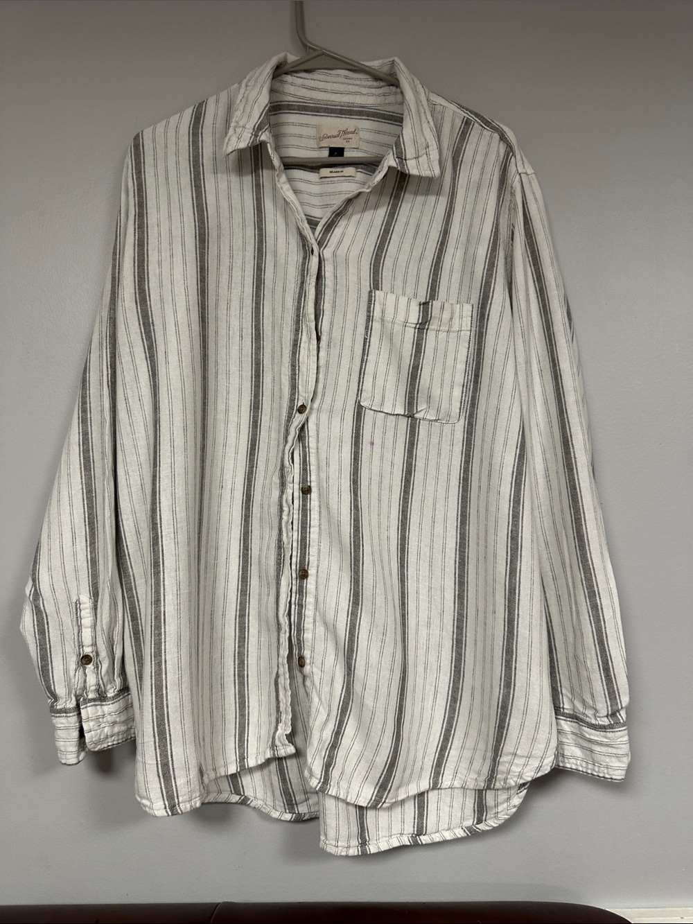 Universal Thread Gray & White Striped Linen Blend Button Down Shirt, XL